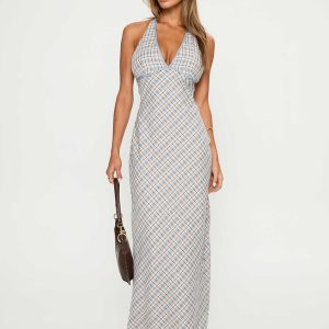 Evienna Halter Maxi Dress Blue Check
