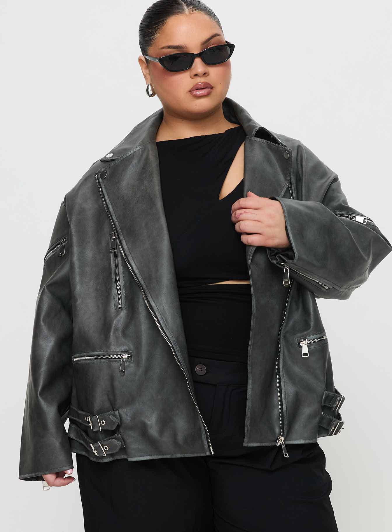 Magnets Faux Leather Jacket Washed Charcoal Curve - Image 2