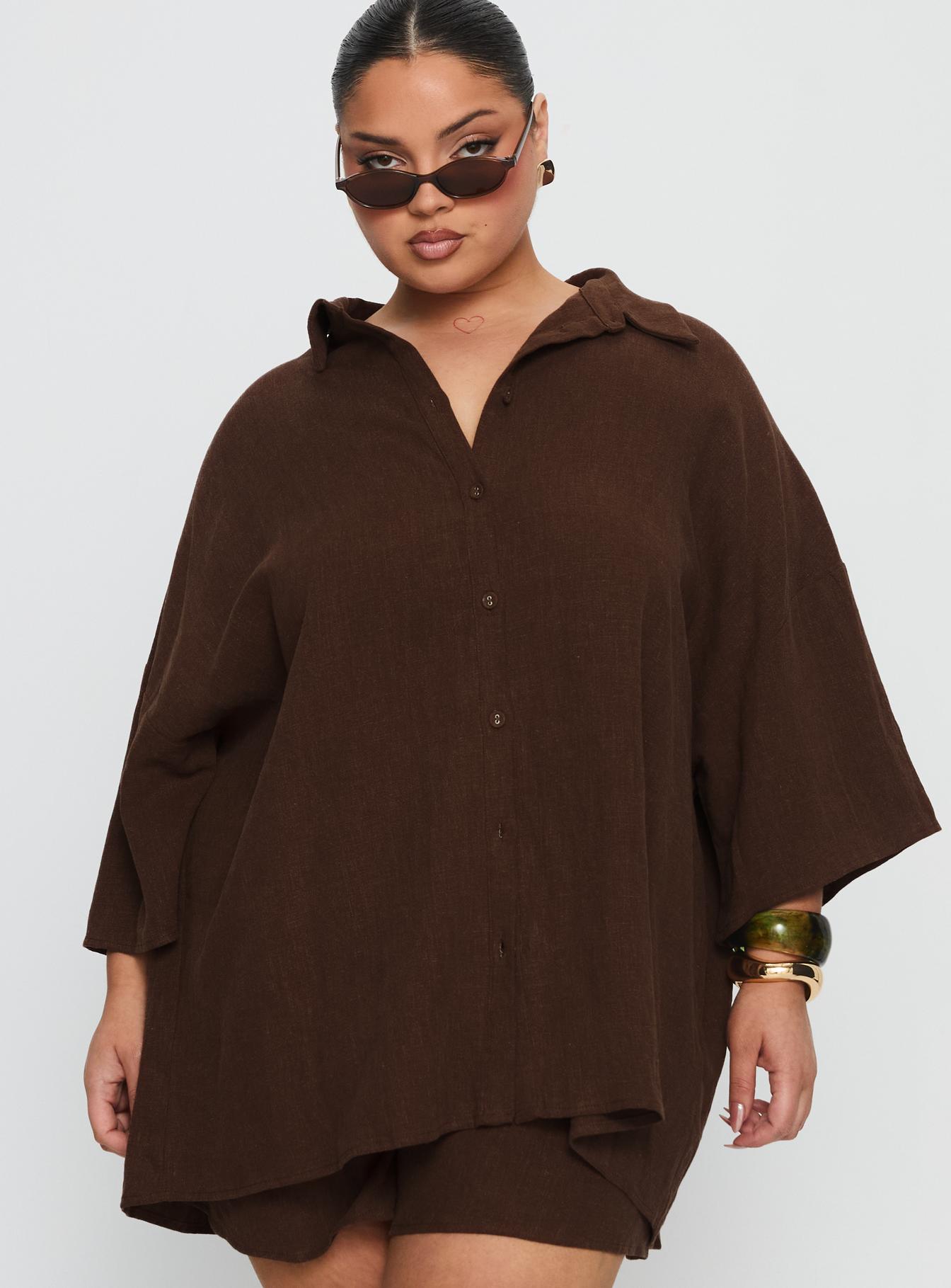 Peni Linen Button Down Top Chocolate Curve - Image 2