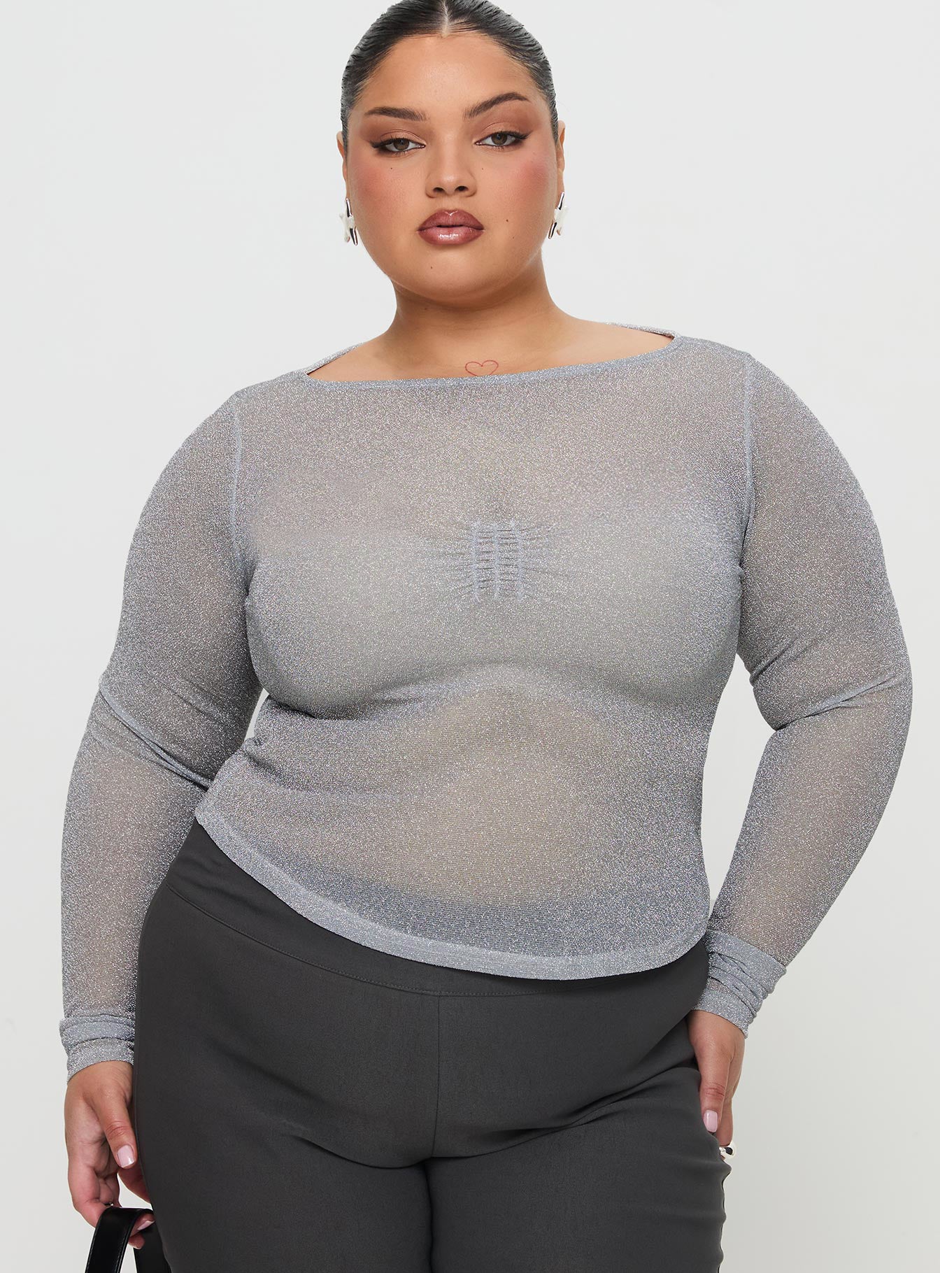 Crystal Clear Long Sleeve Mesh Top Silver - Image 6