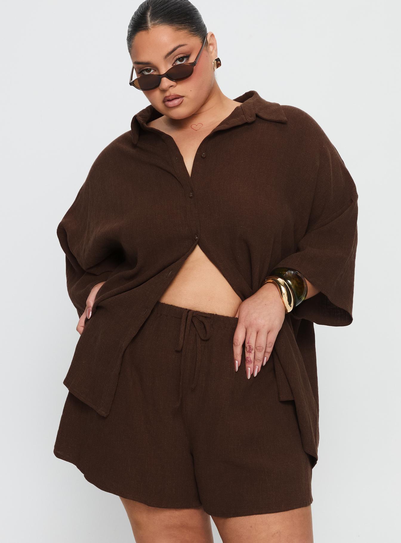 Peni Drawstring Linen Shorts Chocolate Curve - Image 2