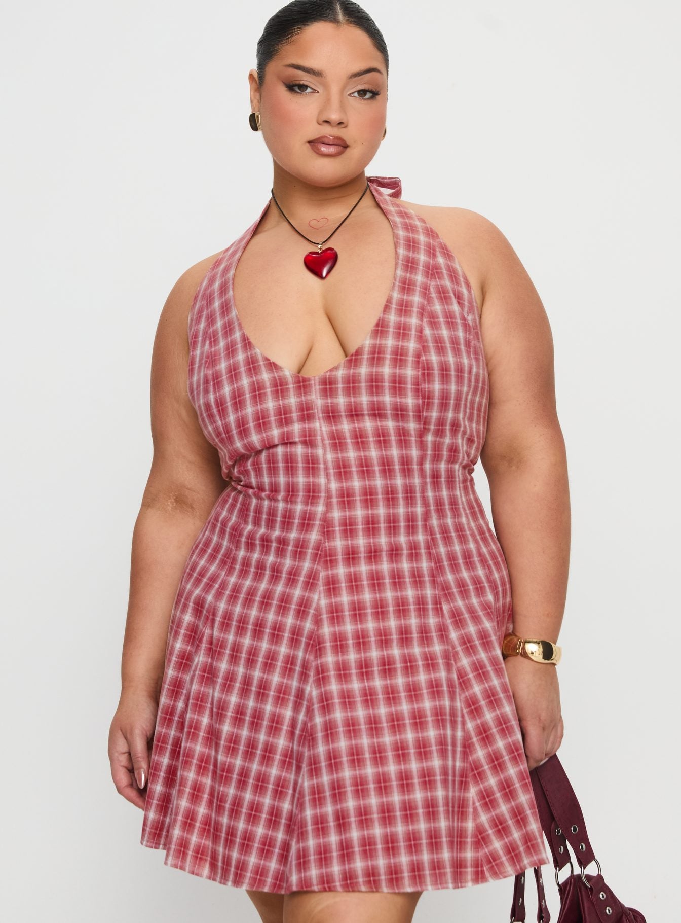 Out Of Nowhere Halter Mini Dress Red Check Curve - Image 2