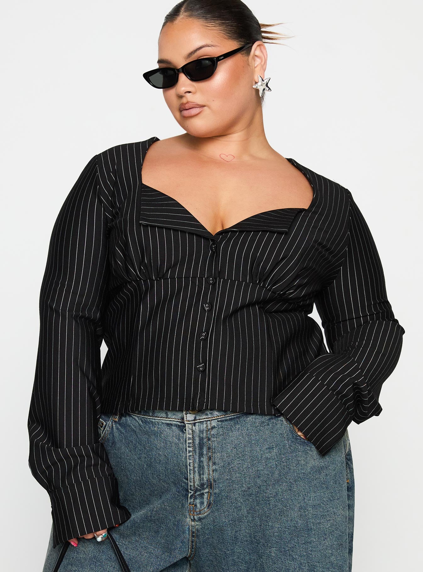 Set For Life Foldover Detail Long Sleeve Top Black / White Pinstripe Curve - Image 2