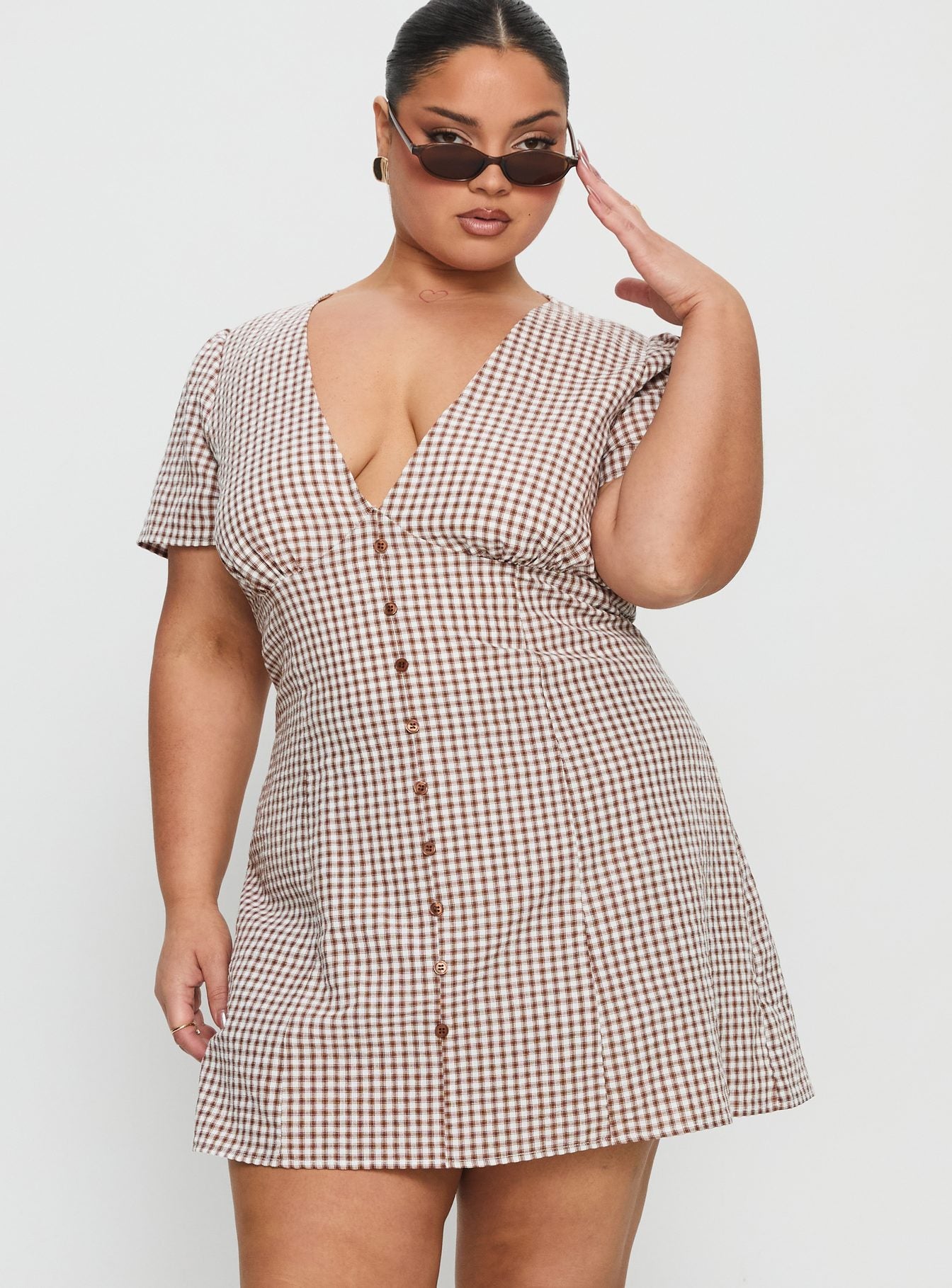 Loveliness Playsuit Brown Check Curve - Image 2