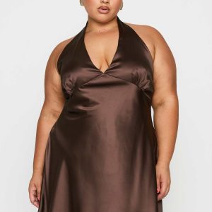 Pelagia Halter Scarf Tie Mini Dress Brown Curve