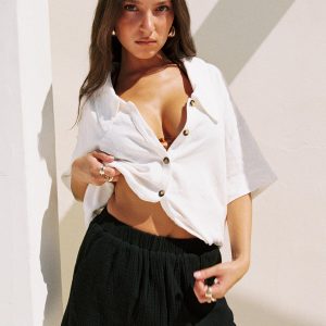 Goody Linen Button Front Top White