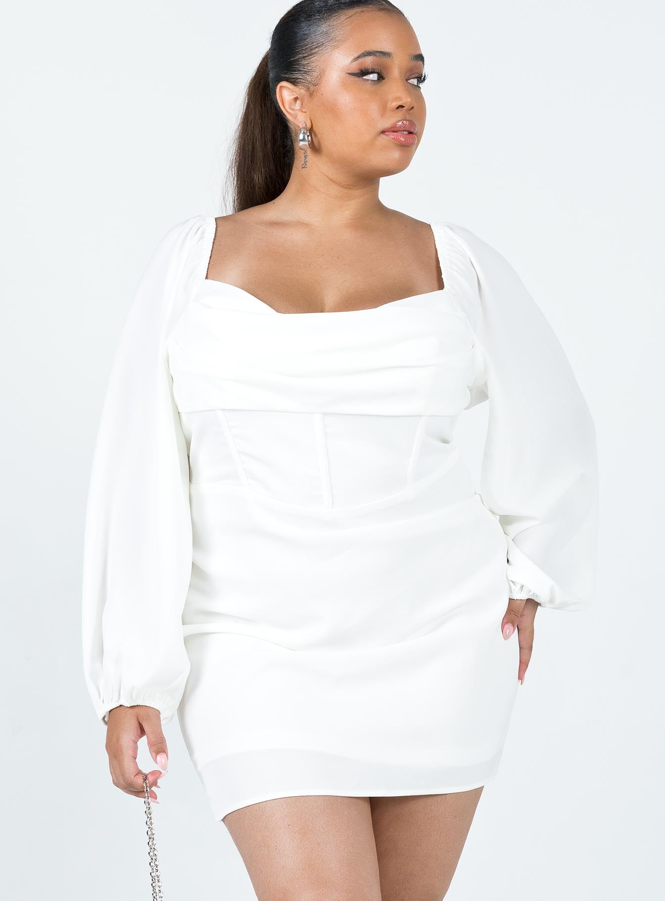 Lillie Long Sleeve Mini Dress White Curve - Image 3