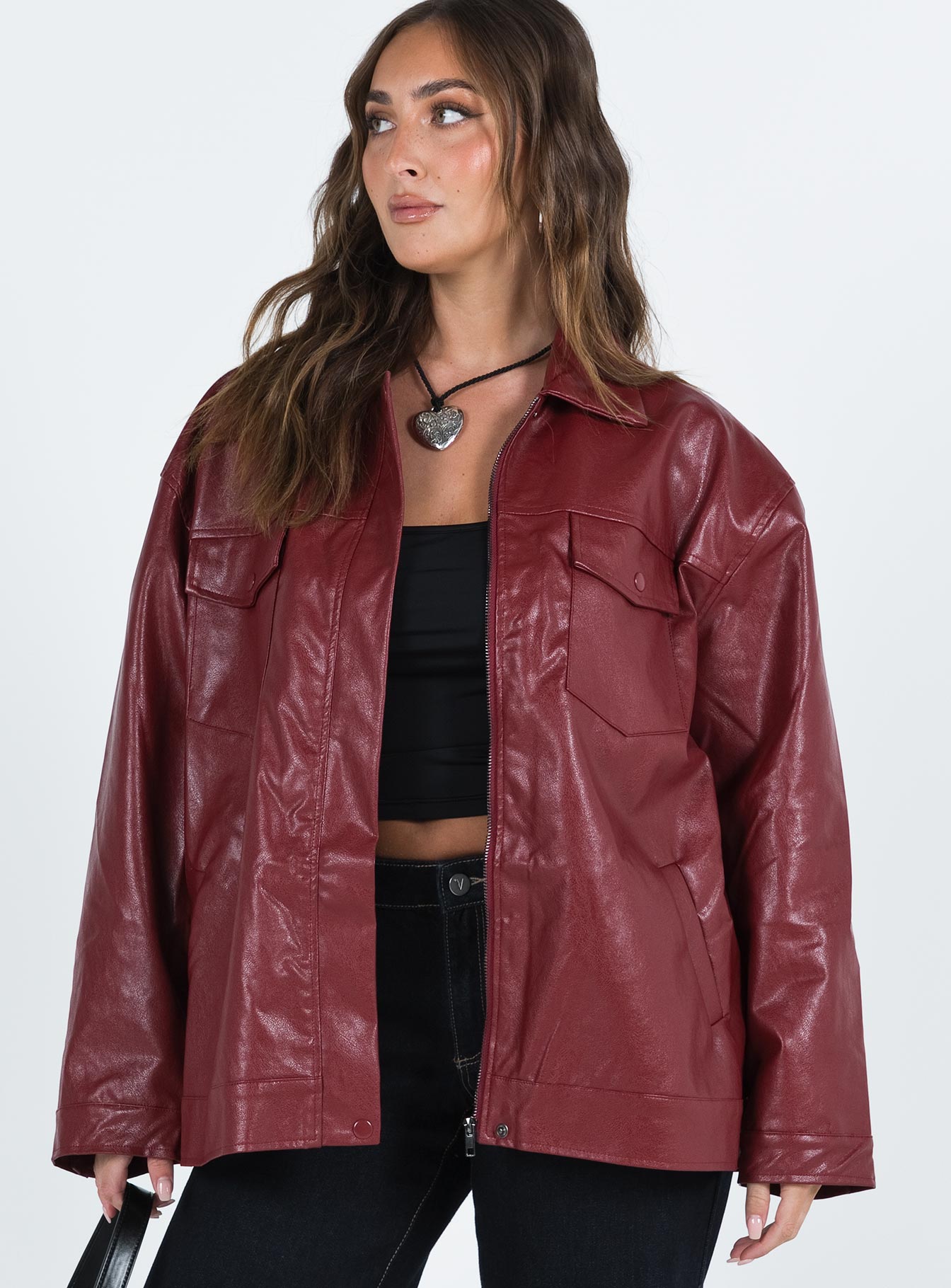 Callie Faux Leather Jacket Burgundy - Image 4