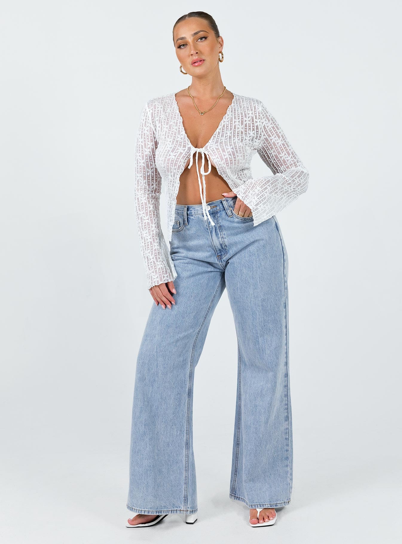 Nucci Lace Long Sleeve Top White - Image 3