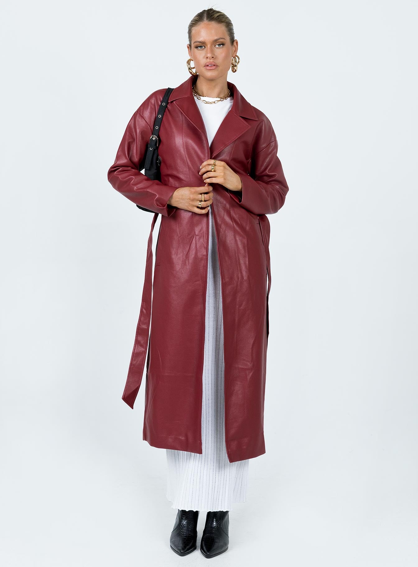 Leif Faux Leather Long Coat Burgundy - Image 3