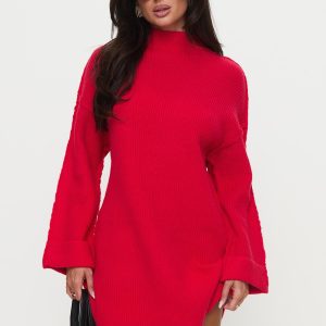 Weslie Long Sleeve Knit Mini Dress Red