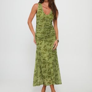 Stefanya Gathered Maxi Dress Green Floral