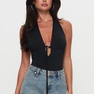 Two Summers Plunge Neck Bodysuit Black