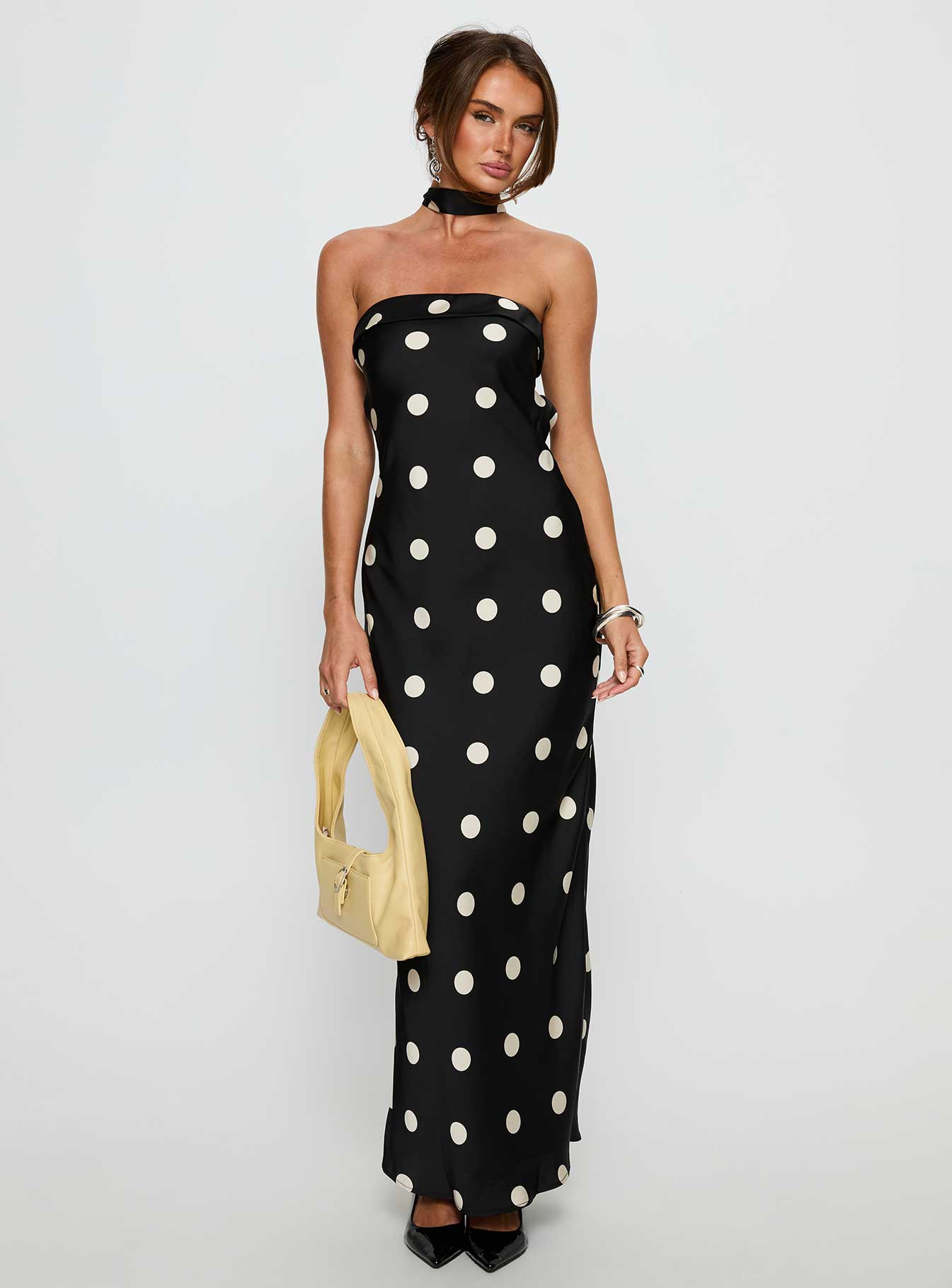 Madilaine Strapless Scarf Maxi Dress Black / Polka Dot - Image 2
