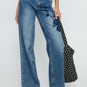 Sisterhood Mid Rise Wide Leg Patchwork Jeans Mid Blue Wash