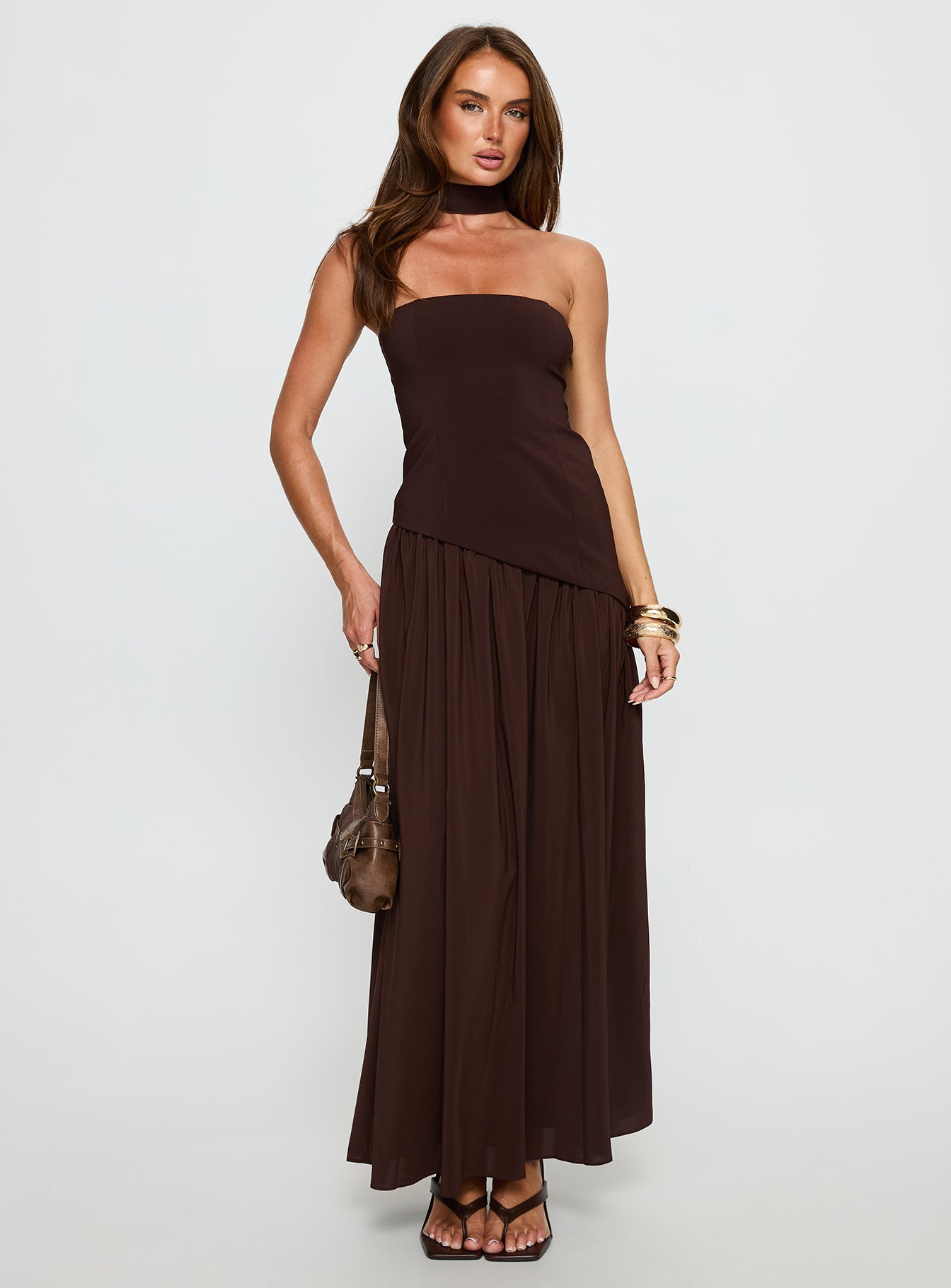 Odela Strapless Drop Waist Maxi Dress Chocolate - Image 2