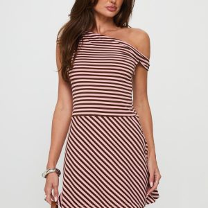 My Fun Off Shoulder Jersey Mini Dress Pink / Brown Stripe