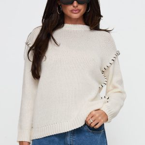 Change The Weather Contrast Stitch Knit Sweater Cream
