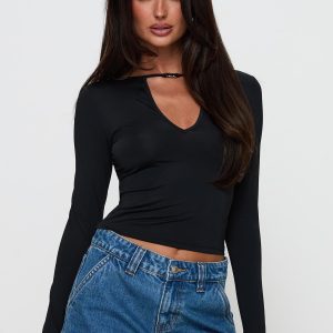 Layna Long Sleeve Plunge Neck Top Black
