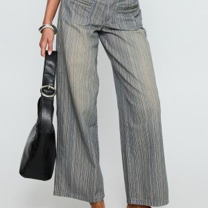 Lifetimes Mid Rise Wide Leg Cargo Jeans Dark Blue Stripe