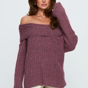 Snowie Off Shoulder Knit Sweater Burgundy