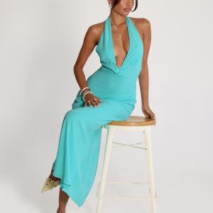 Destina Plunge Maxi Dress Aqua