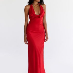 Iridescent Plunge Maxi Dress Red
