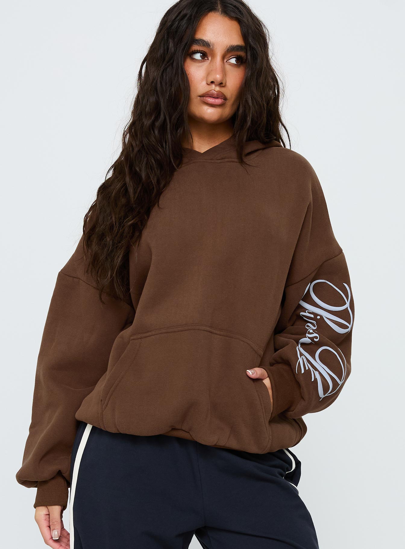 Princess Polly Script Text Graphic Hoodie Brown / Blue - Image 2