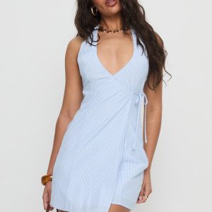 Kaiah Ruched Halter Mini Dress Blue Stripe