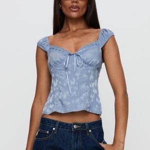 Branwen Cap Sleeve Tie Detail Top Blue Floral