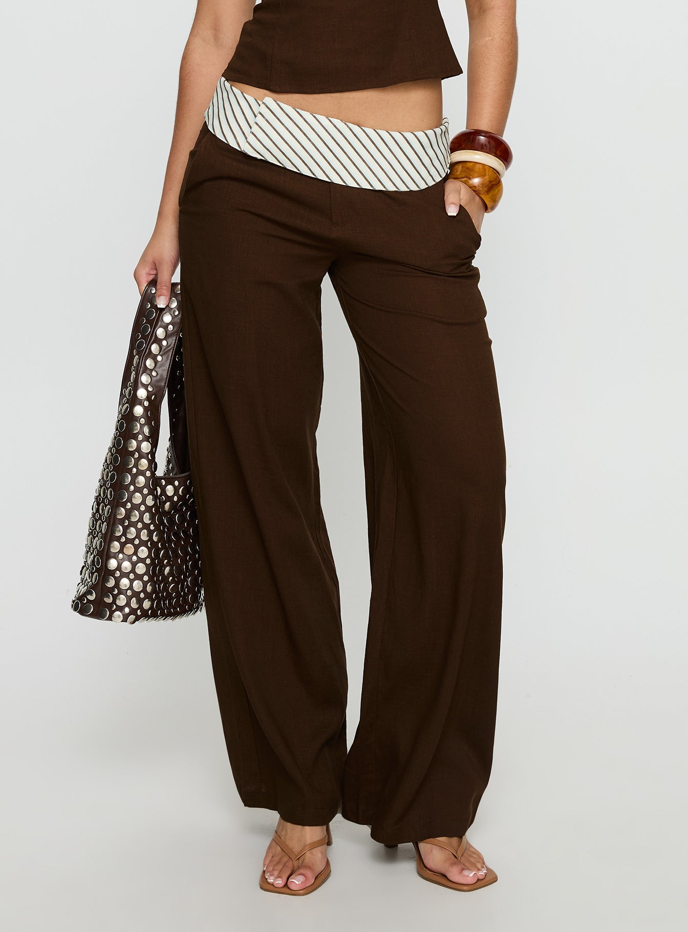 Past Life Fold Over Waistband Pant Brown / Stripe - Image 2