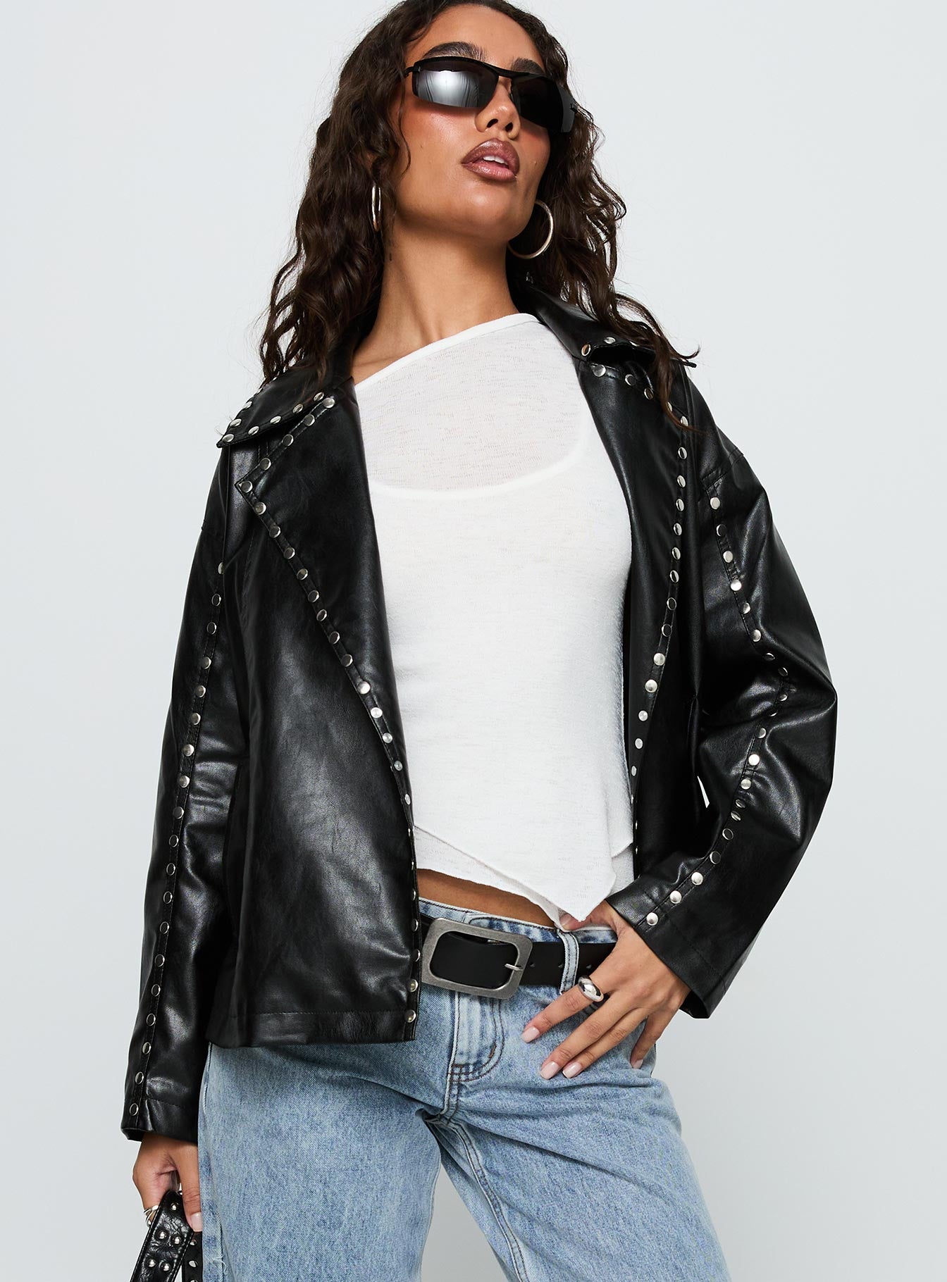 Kaeden Faux Leather Stud Detail Biker Jacket Black - Image 2