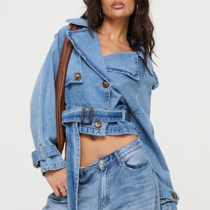 Aurelio Cropped Denim Trench Coat Light Denim Wash