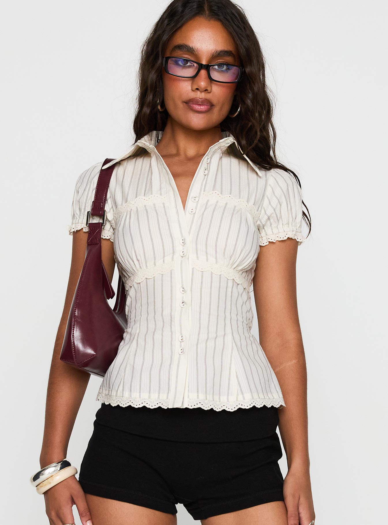 Deserve You Puff Sleeve Button Front Top Cream Stripe - Image 2