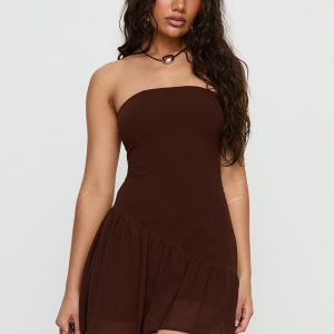 Hadlea Strapless Asymmetrical Mini Dress Brown