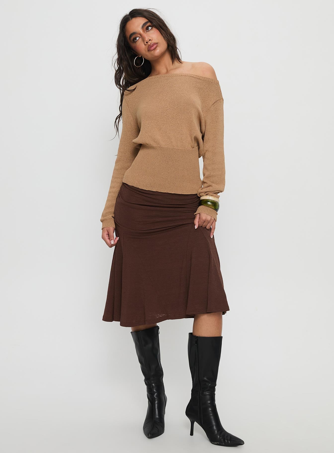Lewish Low Rise Midi Skirt Chocolate - Image 2