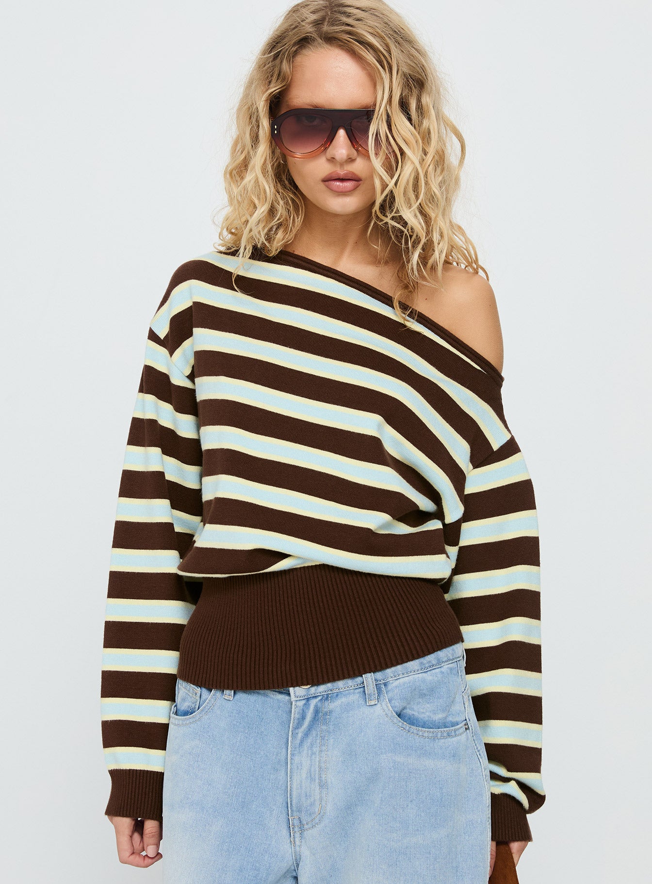 Zinia Off Shoulder Knit Sweater Brown / Blue Stripe - Image 2