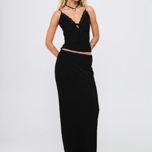 Reiko Lace Trim Tie Front Maxi Set Black