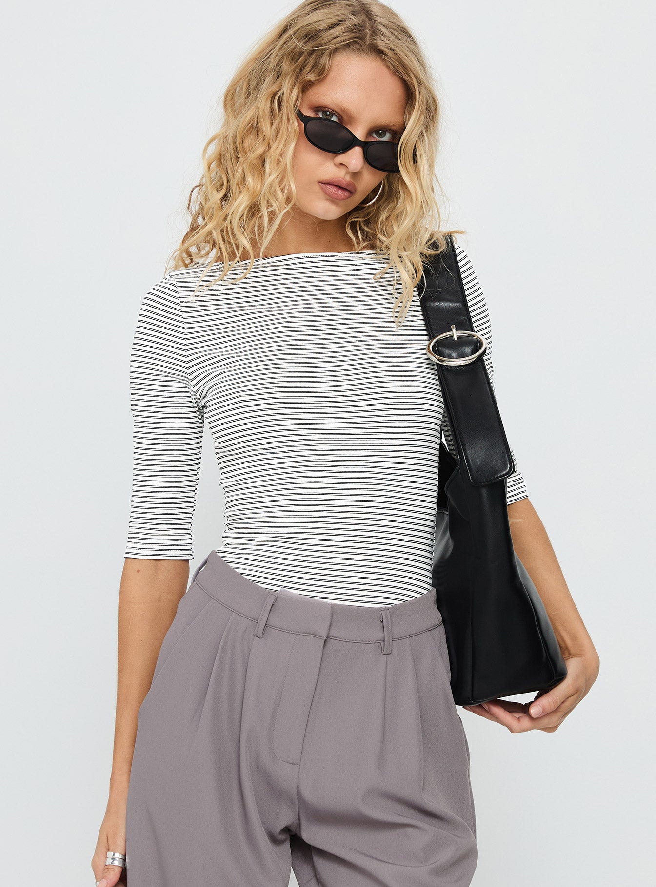 Here One Moment 3/4 Sleeve Bodysuit Black / White Stripe - Image 2