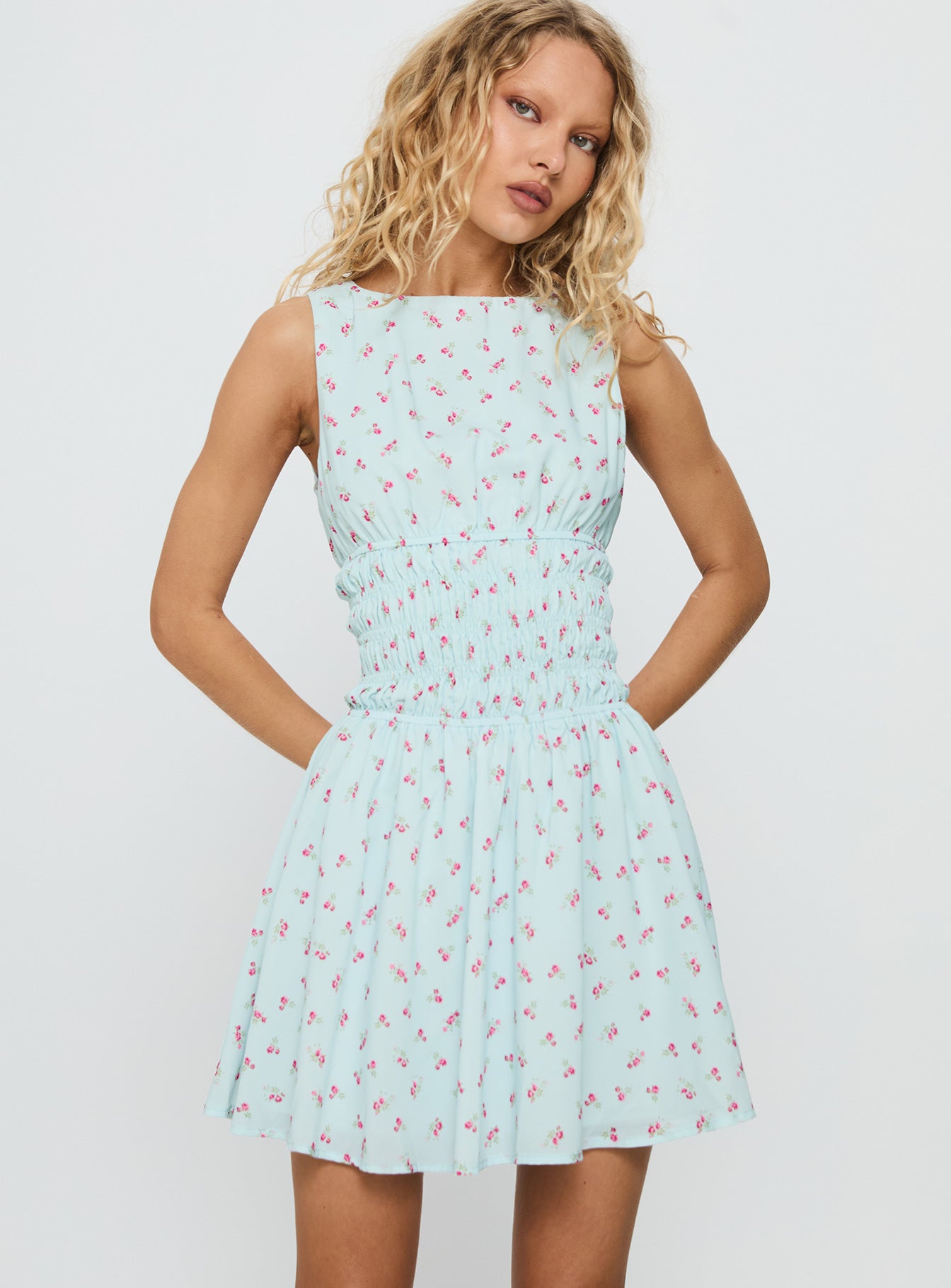 Alonah Shirred Mini Dress Blue Floral