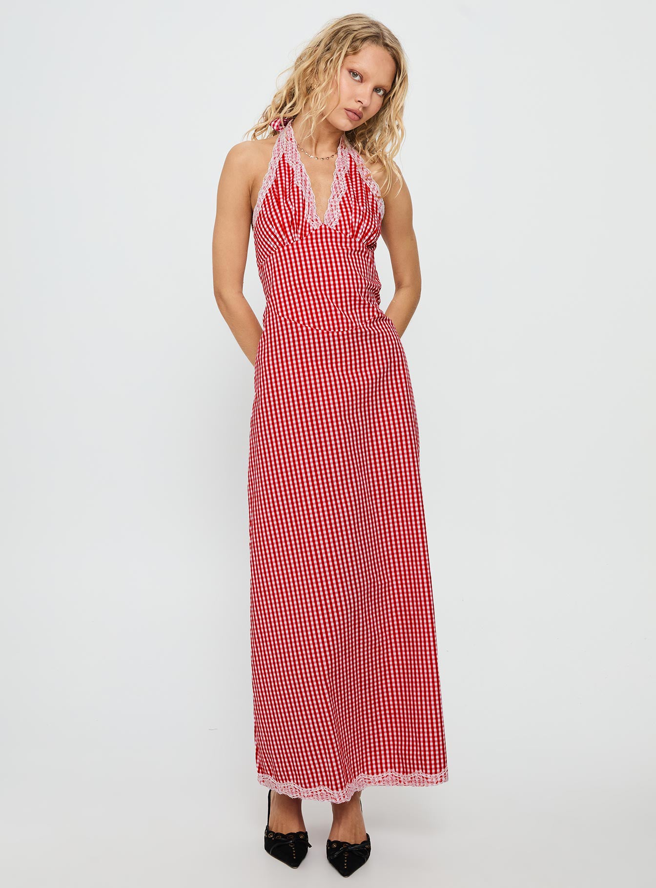 Betsie Halter Lace Maxi Dress Red Gingham - Image 2