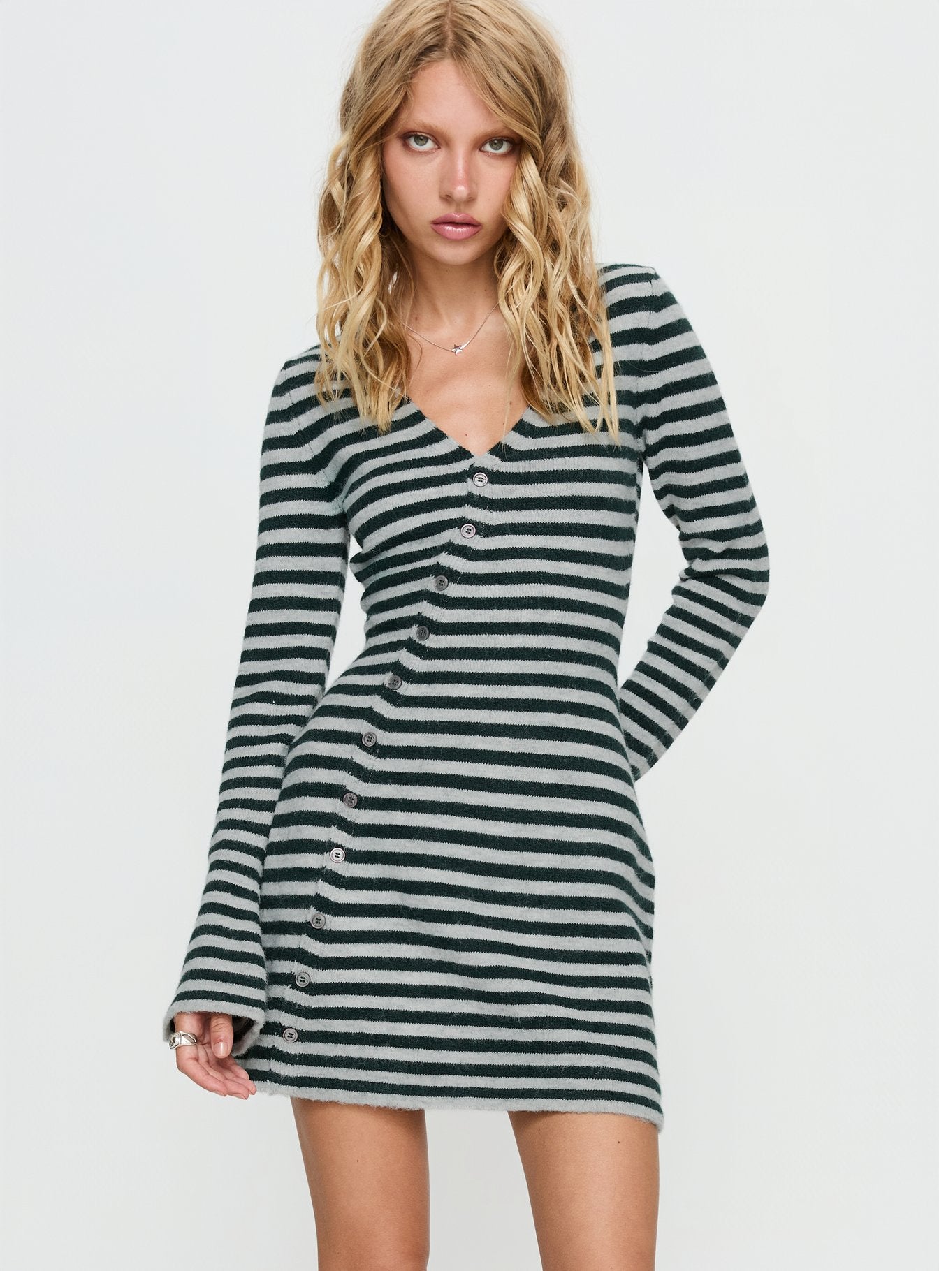 Morgen Asymmetrical Long Sleeve Mini Dress Grey / Green Stripe - Image 2