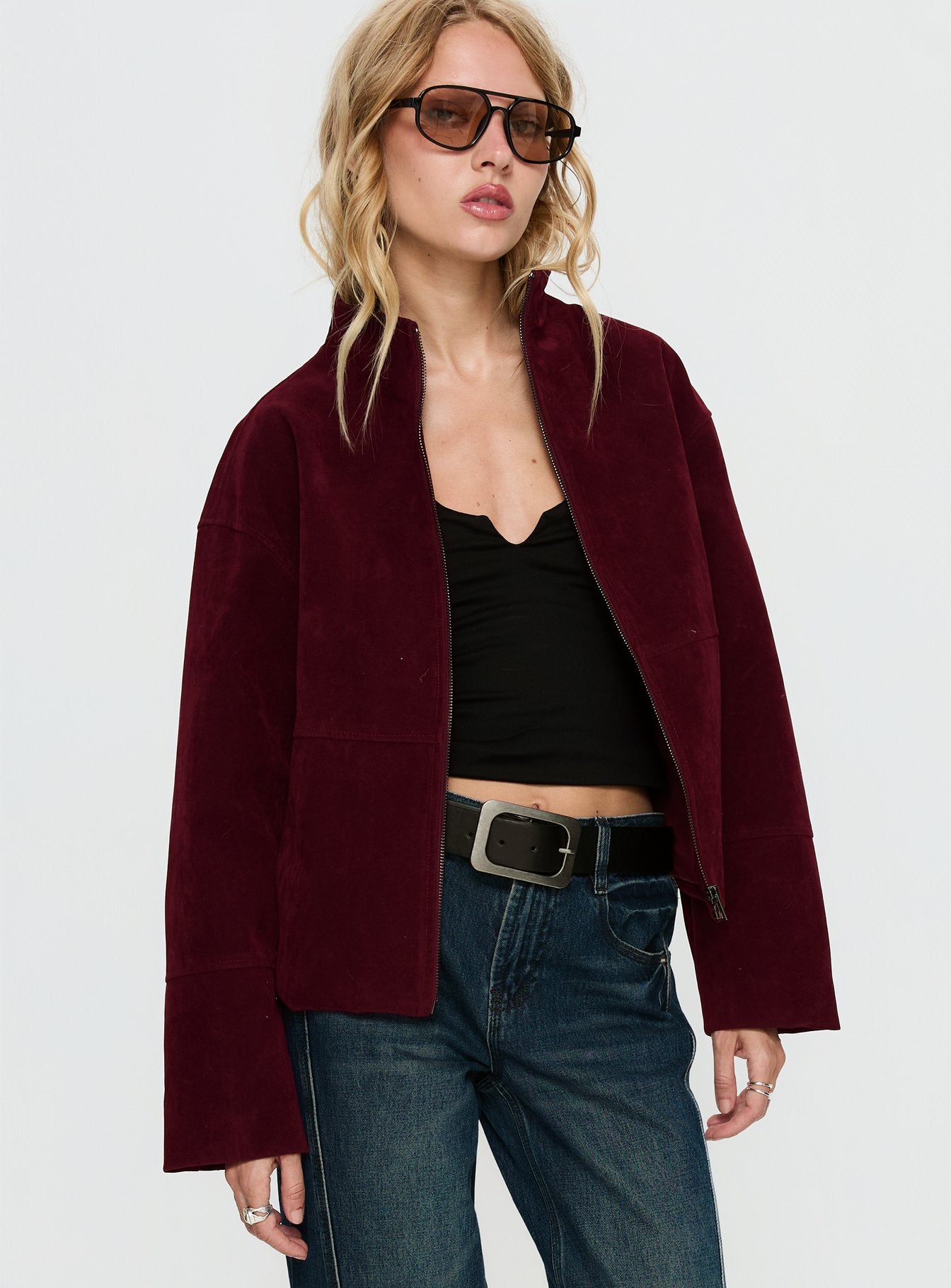 Jessalynn Faux Suede Zip Through Jacket Burgundy - Image 2