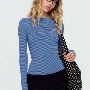 Nyren Low Back Boatneck Long Sleeve Top Navy Stripe