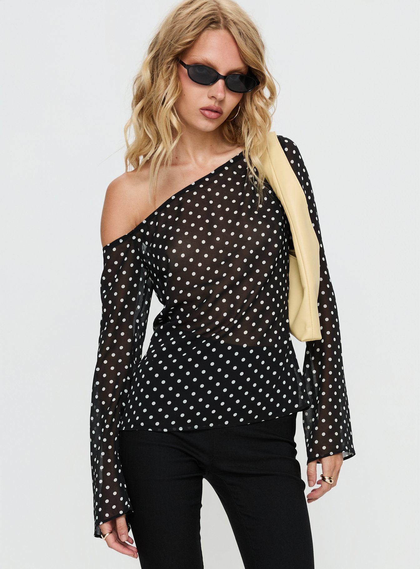 Shiona Sheer One Shoulder Long Sleeve Top Black Polka - Image 2
