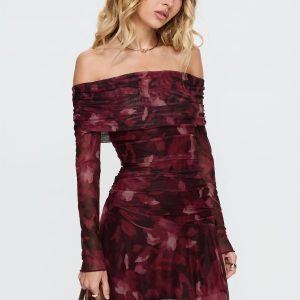 Marrissa Off Shoulder Long Sleeve Mini Dress Burgundy Floral