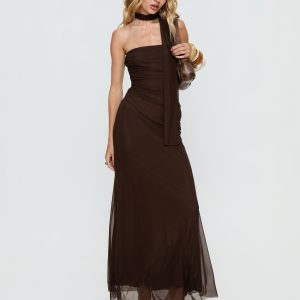 Ainslea Halter Scarf Maxi Dress Dark Brown