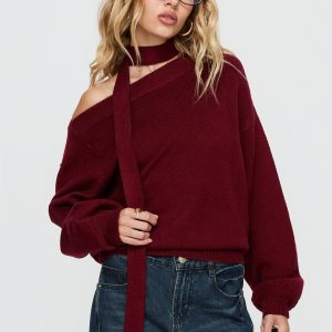 Ruthi Scarf Off Shoulder Knit Sweater Burgundy