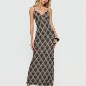 Idaline V Neck Maxi Dress Brown Check