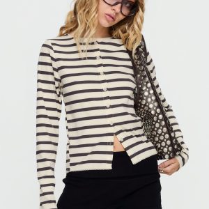 Marvella Button Up Long sleeve Top Dark Grey / Cream Stripe
